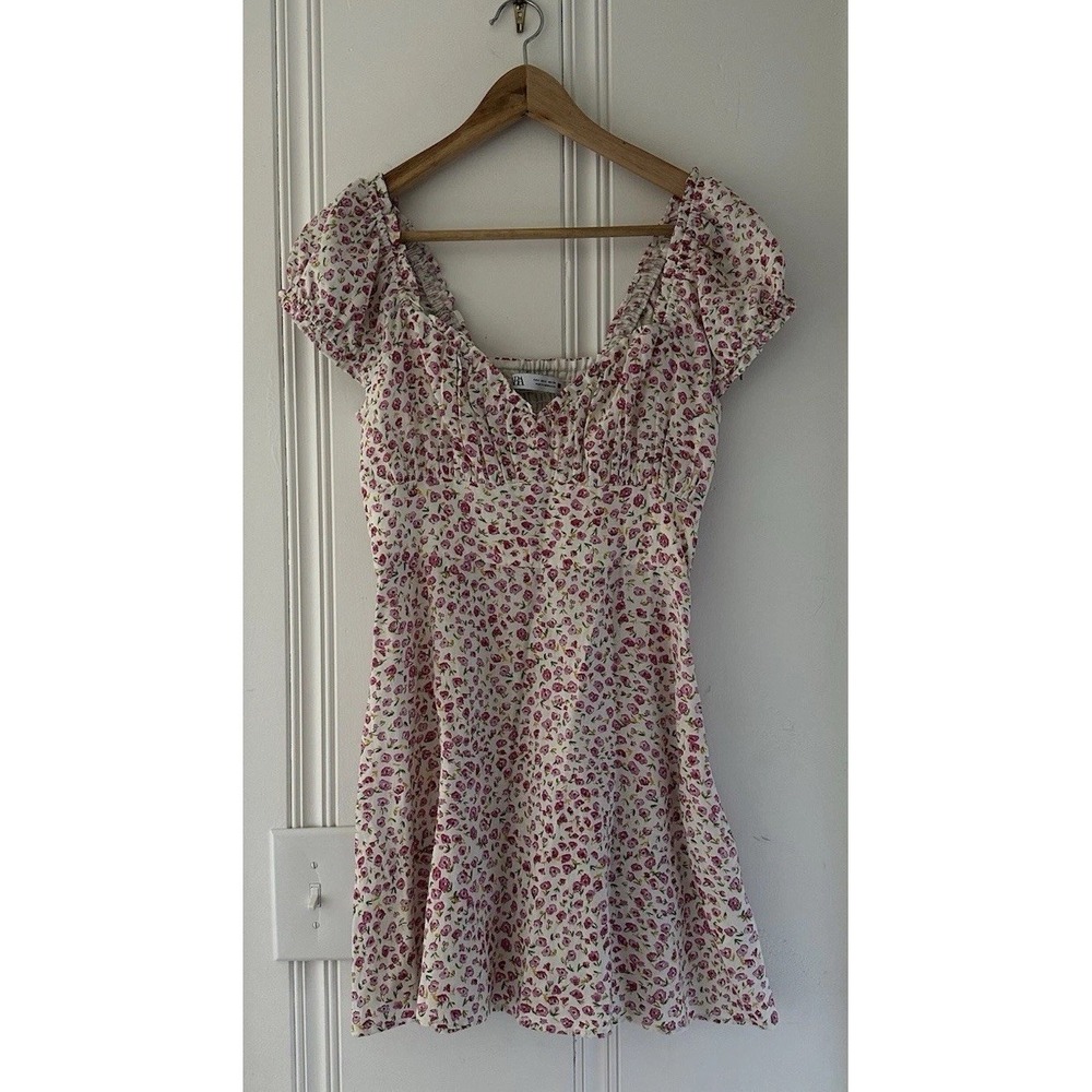 Zara Linen Blend Floral Mini Dress‎ Cottagecore Puff Sleeve Smocked Back S